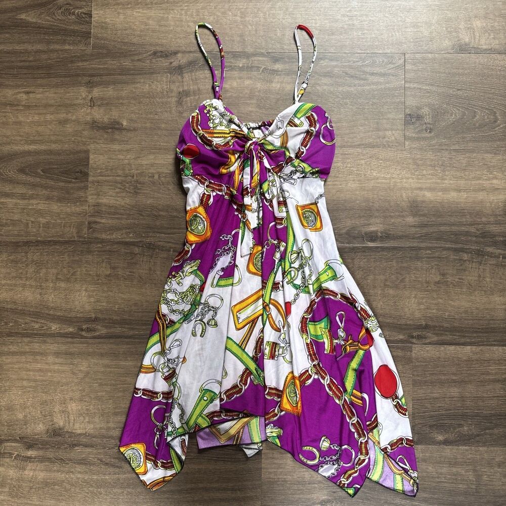 Y2K Women’s Purple/White Chain Print Satin Sweetheart Spaghetti Mini Dress Sz L